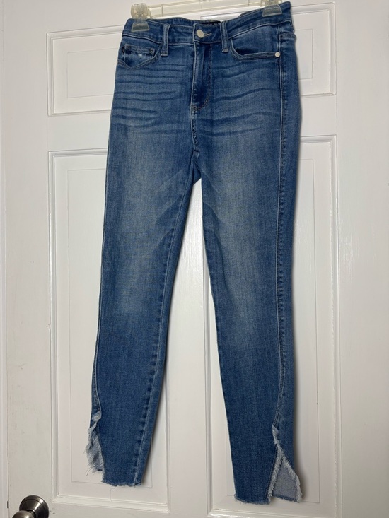Judy Blue Denim - Judy Blue Women's 5/27 Mid-Blue High-Rise Cropped Skinny Jeans Frayed Split Hem